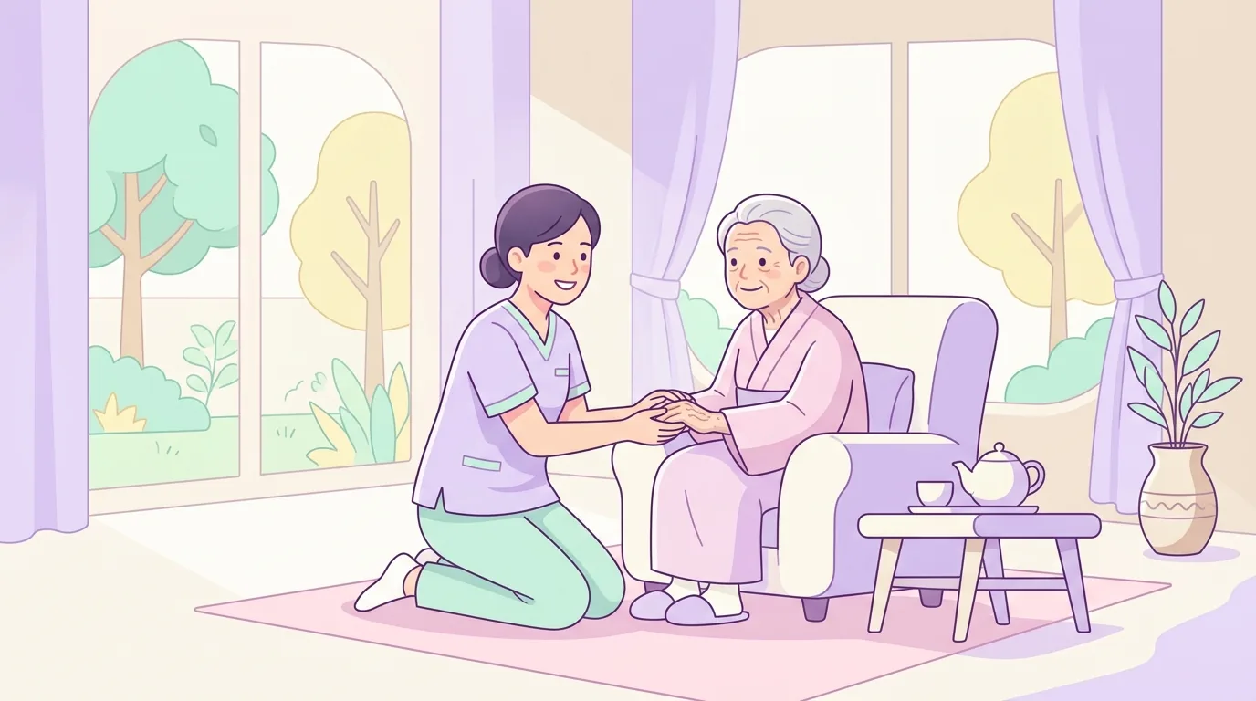 訪問看護師が自宅で利用者に寄り添う様子のイラスト